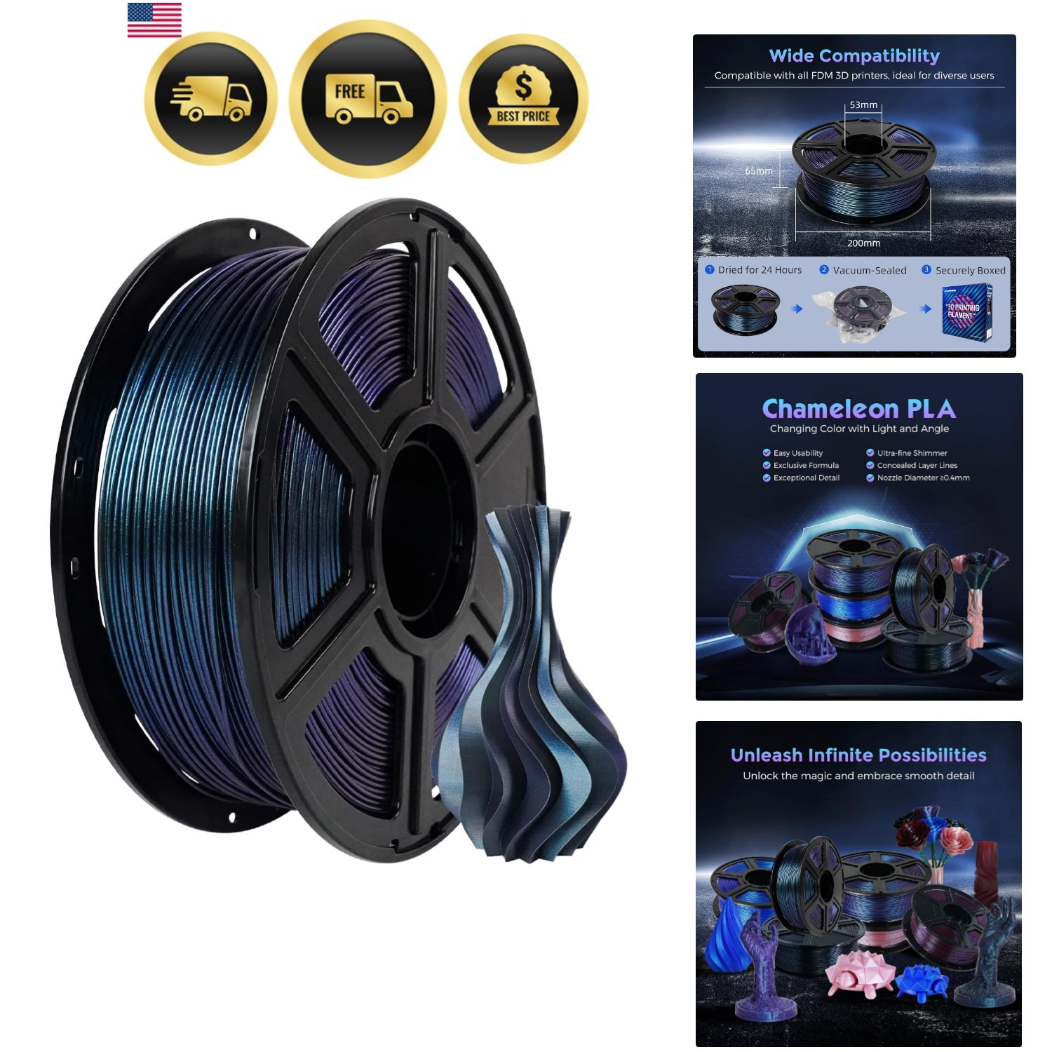 PLA Filament 1.75mm +/- 0.02mm Burnt Titanium, Color Changeable 3D Printer Fi...