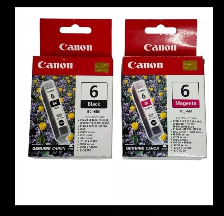 Two Canon Cartridges 4 Select PIXMA Printers 1. BCI-6BK Black Ink 2. Magenta NEW