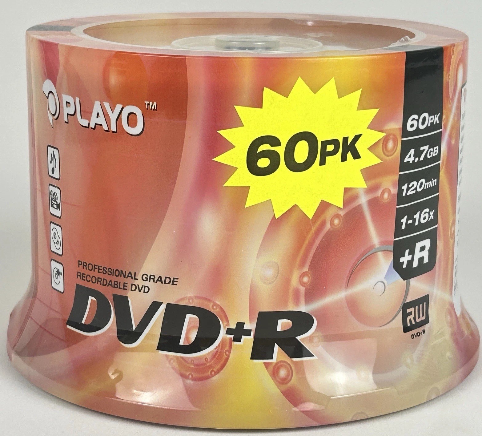 Playo DVD+R 60 Pack 16X Blank Recordable DVDs 4.7GB 120 Min Spindle Sealed
