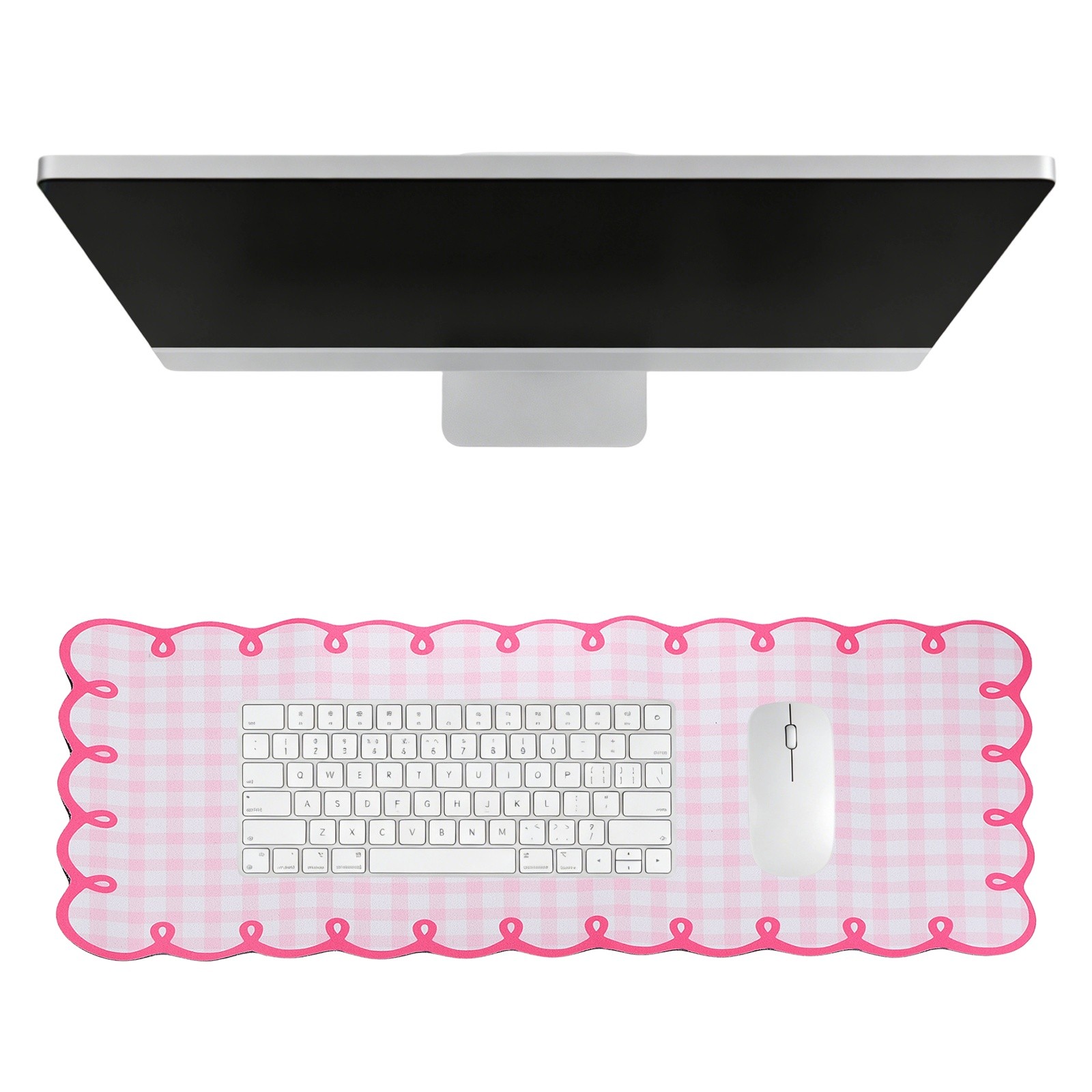 Scalloped Desk Mat, 31.5 x 11.8" Checkered Large Mouse Pad, Light Pink