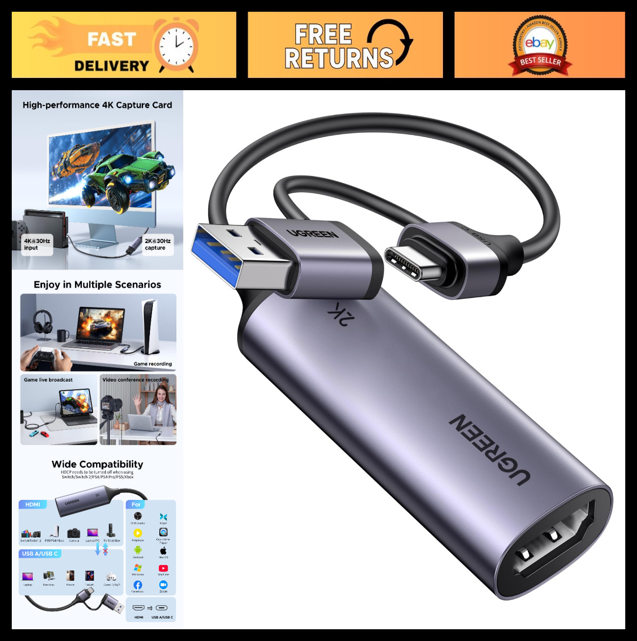 2K 30Hz Video Capture Card, 1080P 60FPS HDMI to USB 3.0 & USB-C, Low Latency, Ga