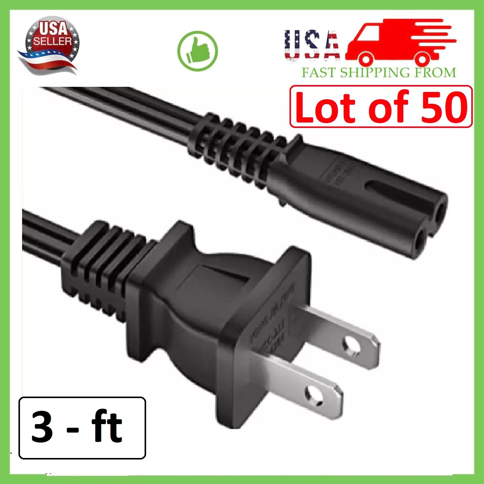 Lot of 50 pack TV Cord Cable for Insignia Sharp JVC Hisense 2 Prong AC Wall Plug