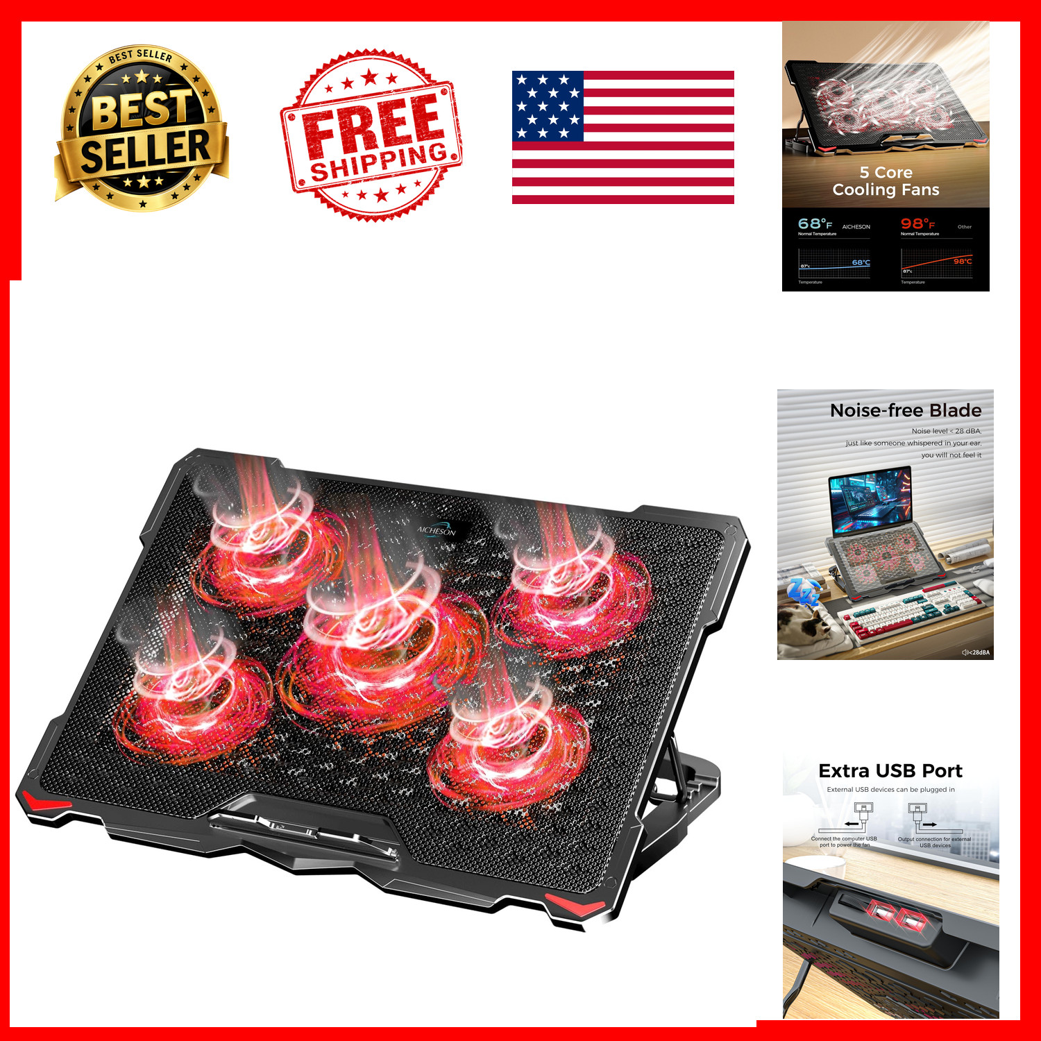 Laptop Cooling Pad 5 Fans for Up to 17.3 Inch Notebooks Adjustable Height Red