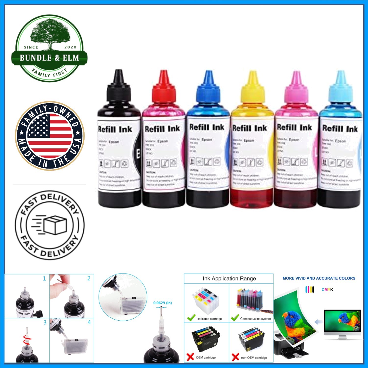 Refill Ink Kit for Multiple Printer Models, Black Cyan Magenta Yellow 6 Colors