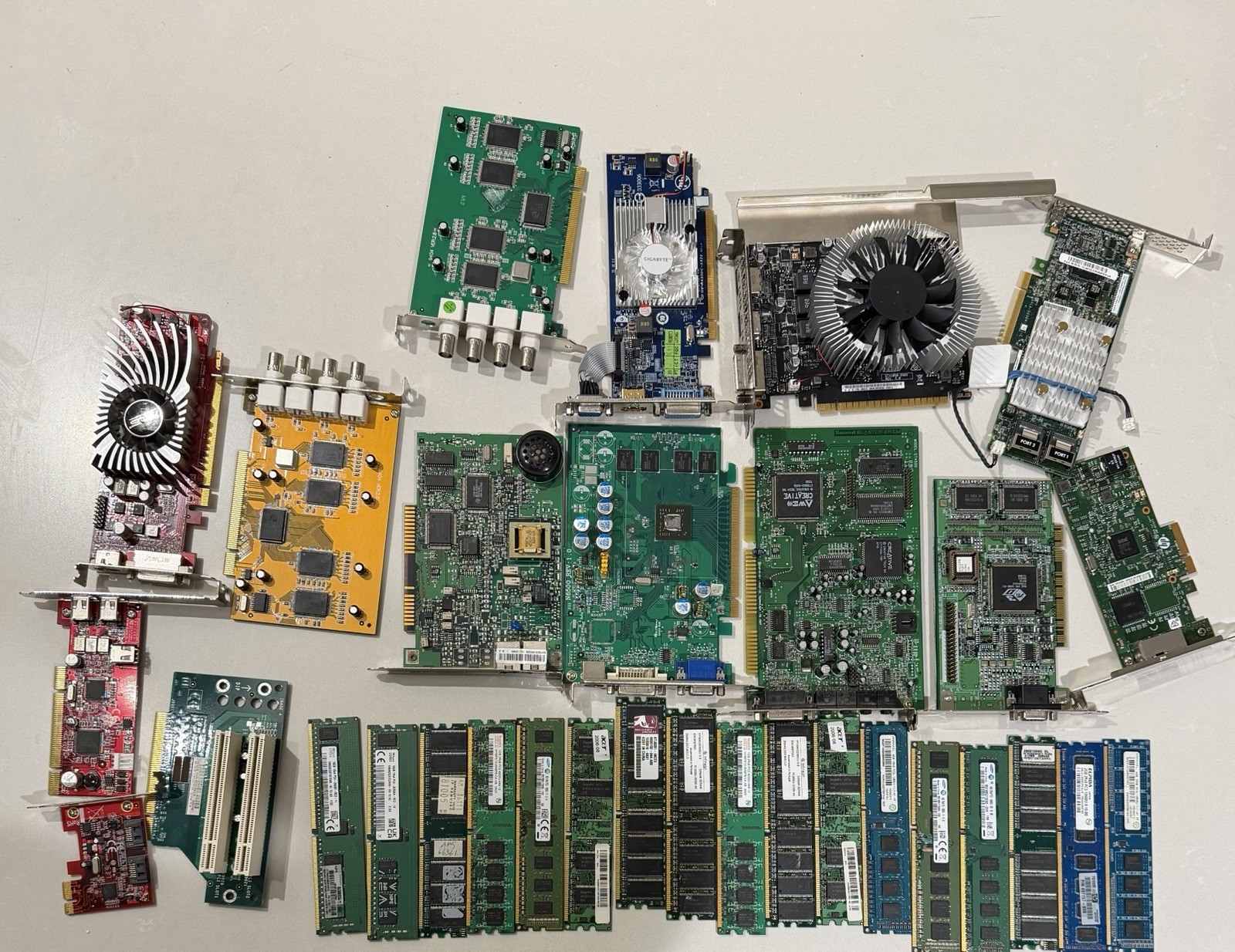 Vintage Computer Parts Lot - RAM, Sound Blaster Audigy, ASUS Graphics Card