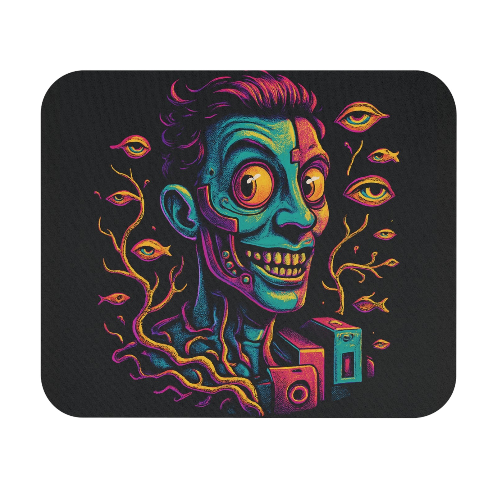 Neon Surreal Skull Portrait Mouse Pad Psychedelic Eyes Robot Desk Mat Customize