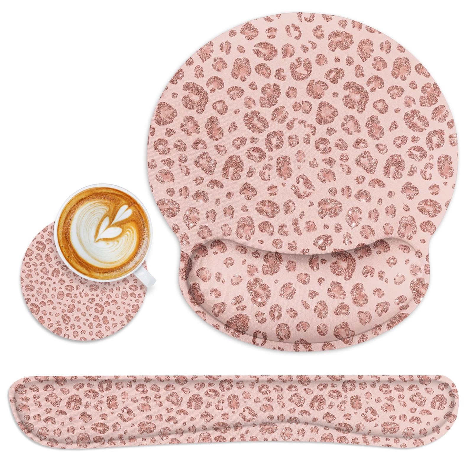 Pink Leopard Cheetah Glitter Ergonomic Mouse Pad Set with Wrist Rest Non-Slip...