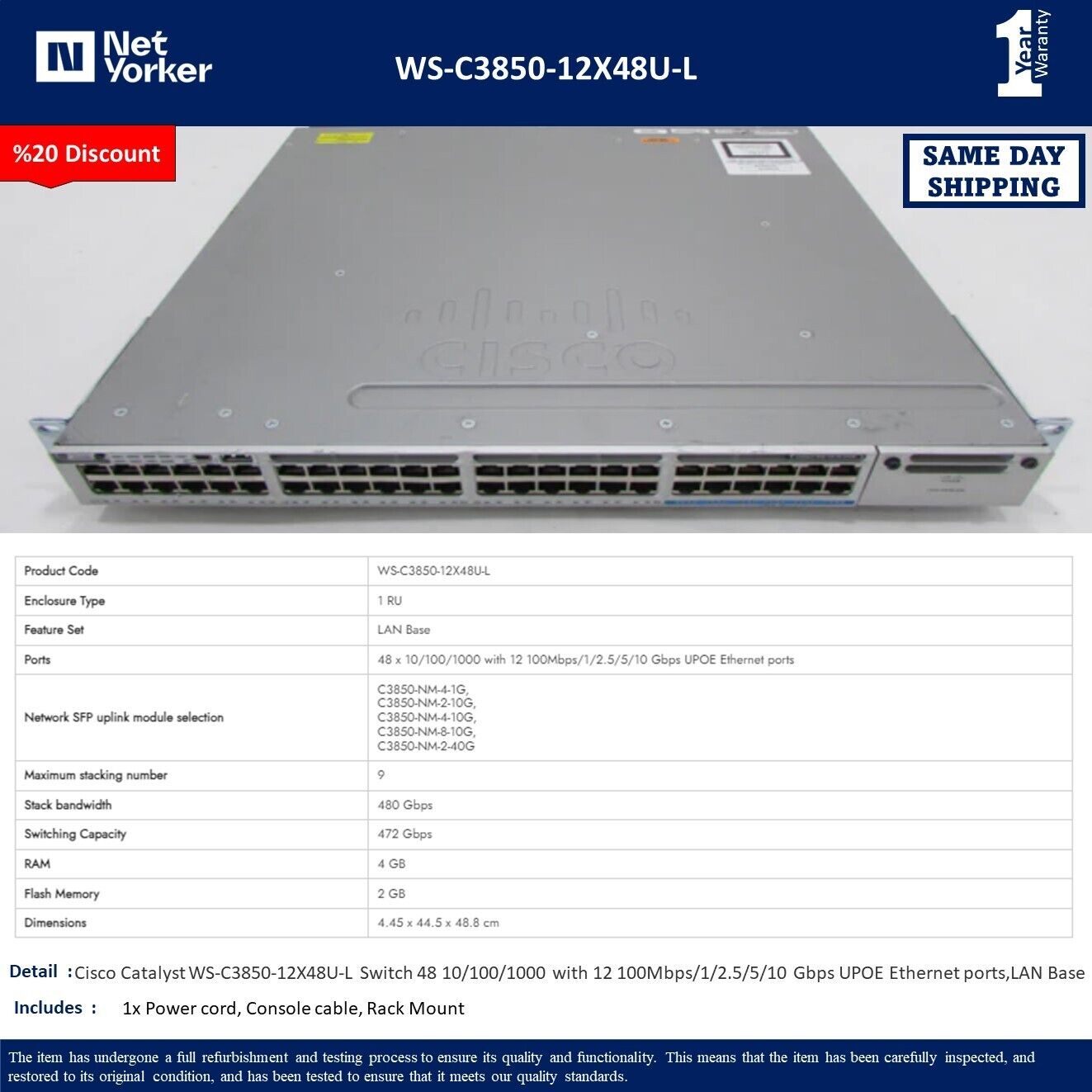 Cisco WS-C3850-12X48U-L 48 Port 10/100/1000 Modular Uplink Switch-Same Day Shipp