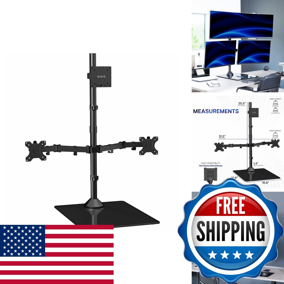 VIVO STAND-V103T-GB Triple Monitor Desk Stand 49in Ultrawide 27in Side 44lbs