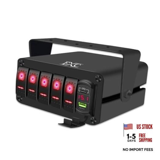 5 Gang Aluminum Rocker Switch Panel Red Backlit with PD Type C and 5 Gang Red
