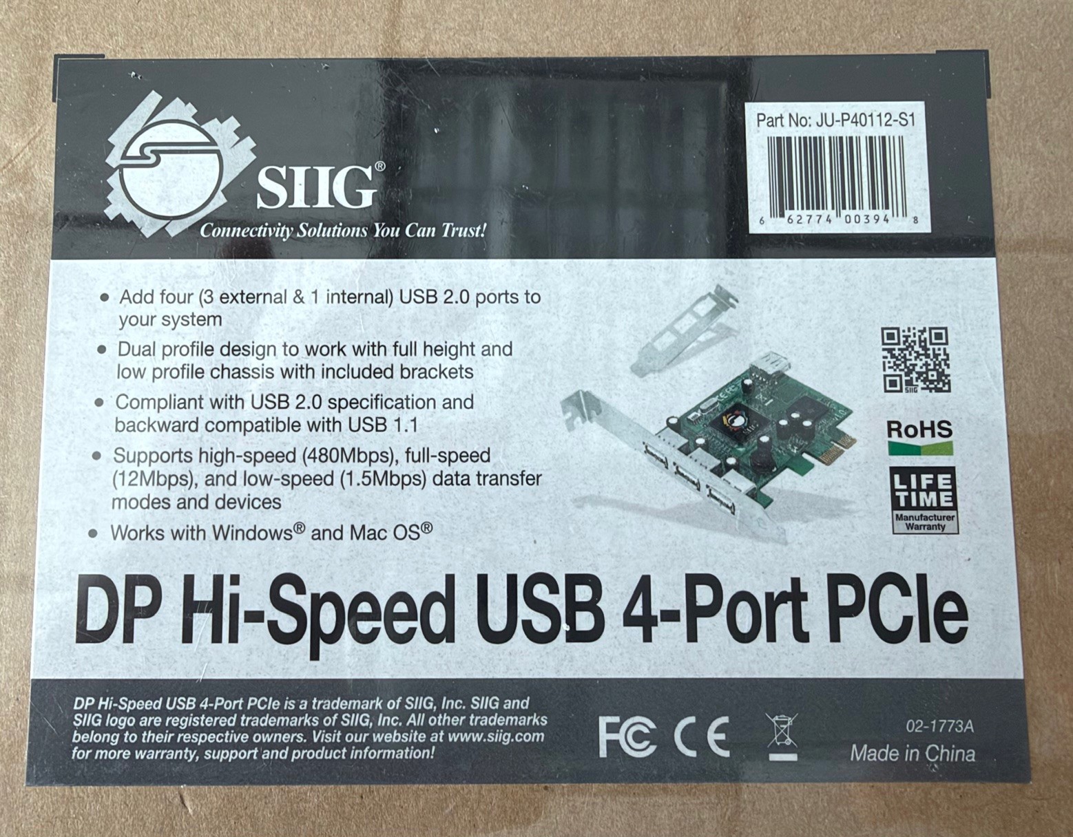 SIIG JU-P40112-S1  DP High Speed USB 4-Port PCIe Card