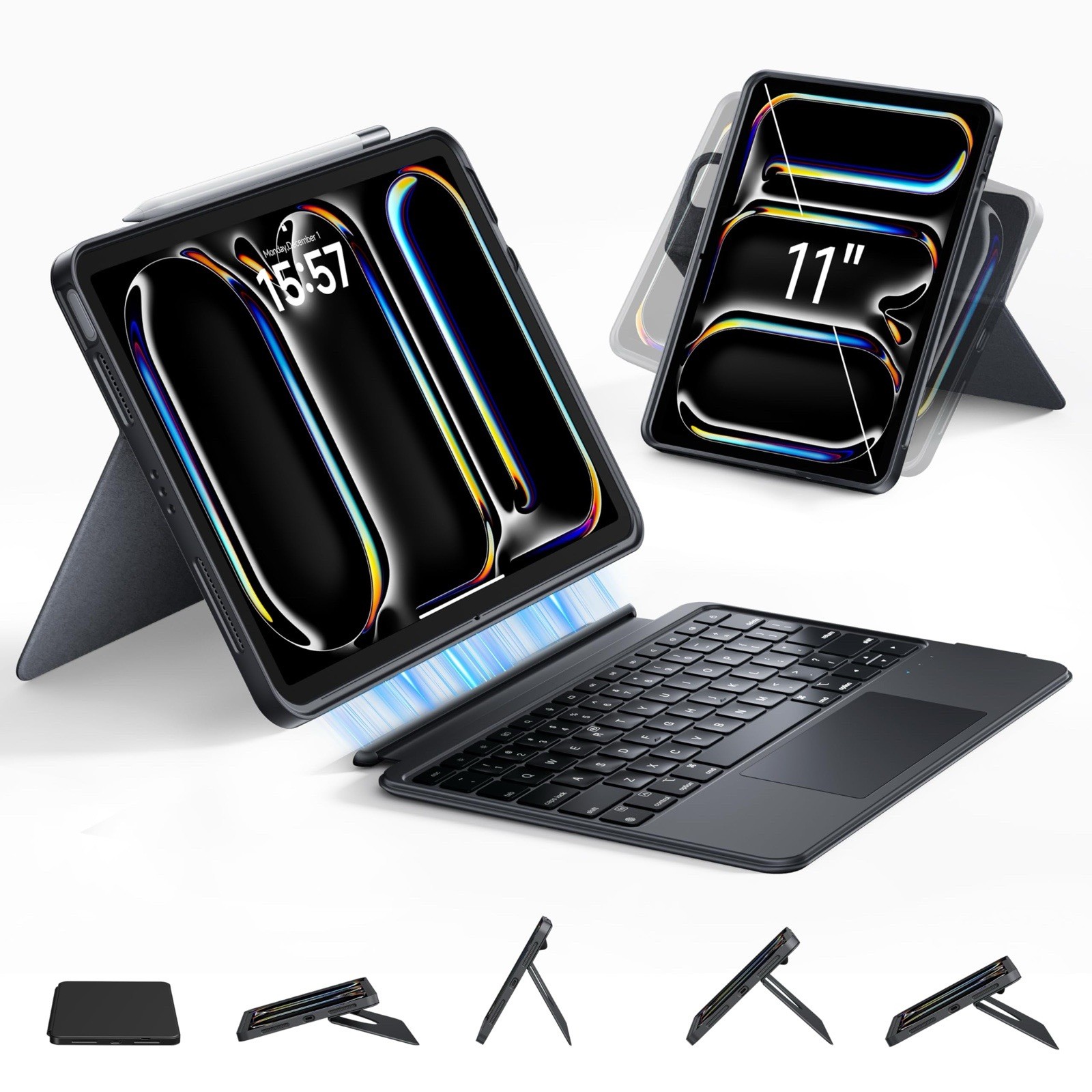 HOU iPad Pro 11 M4/M5 Keyboard Case Rotating Detachable Backlit Trackpad Pen BK
