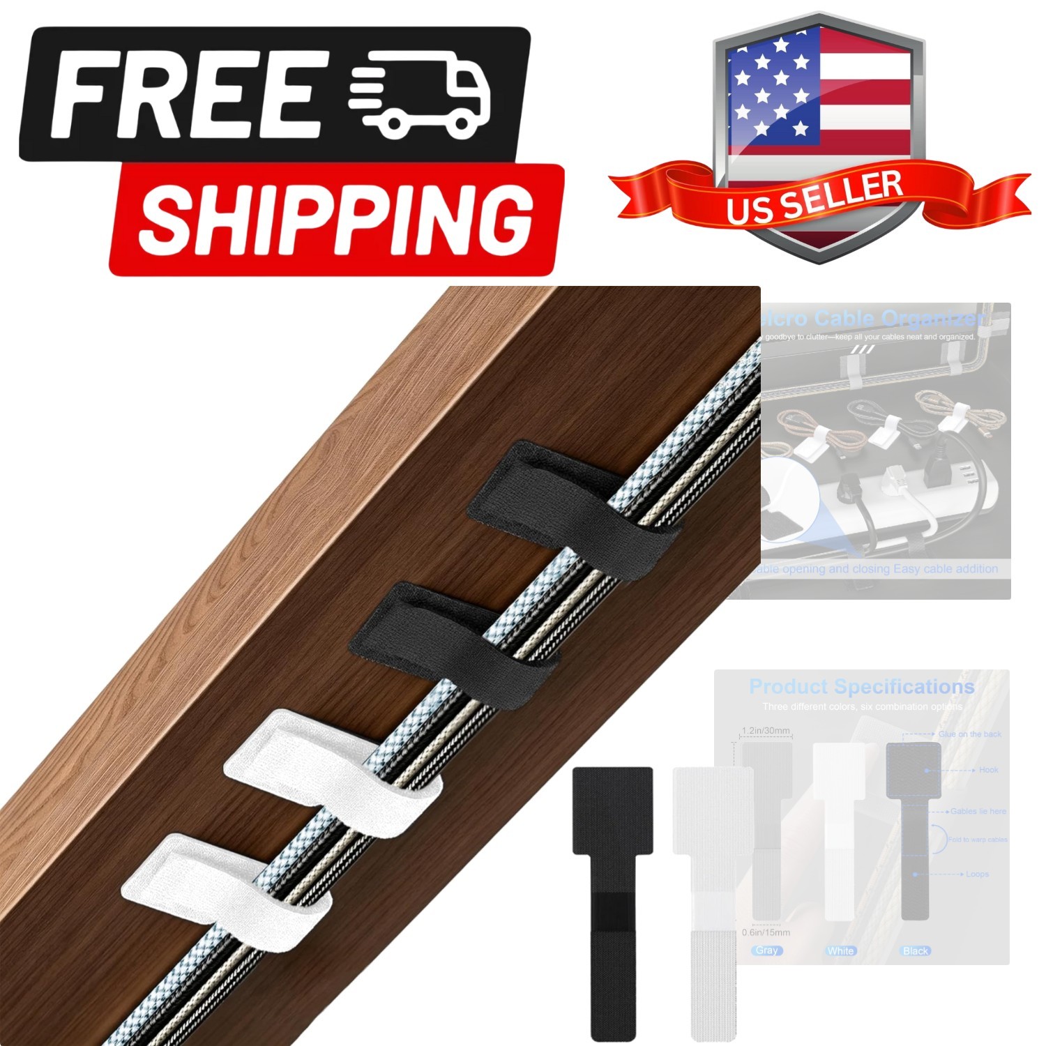 80Pcs Hook and Loop Cable Ties Under Desk Cable Management Adhesive Strips fo...