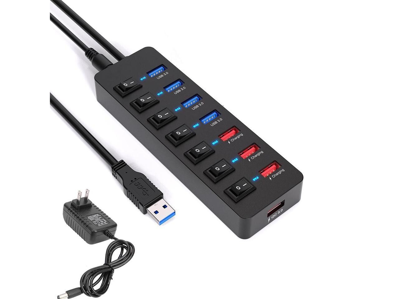 USB 3.0 Hub Powered 8 Port Data Hub Extender USB Splitter 48W QC 3.0 IQ Charging