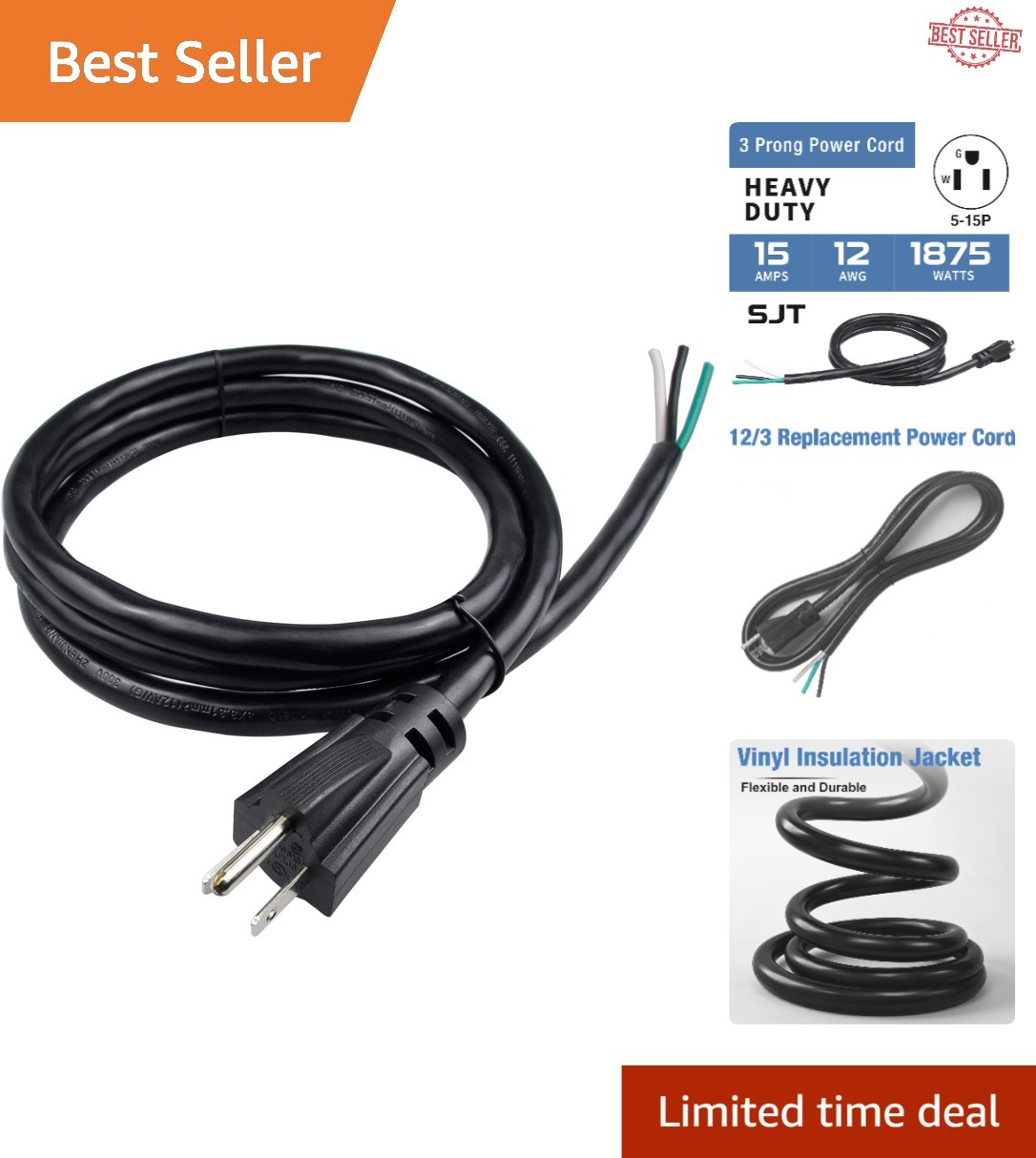 3ft 12 AWG Heavy Duty Power Supply Cord, 20A NEMA 5-15 for Custom Installations