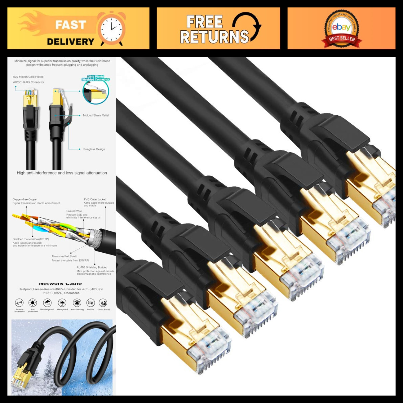High-Speed CAT 8 Ethernet Cable 6ft, 5-Pack, 40Gbps, Ultra-Fast Network Cable