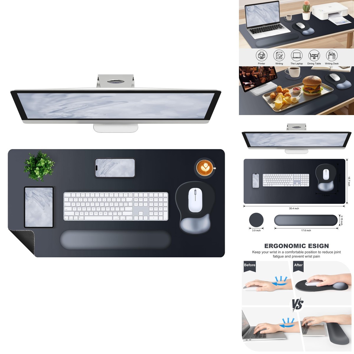 NXZGO 4-in-1 Mouse Pad Keyboard Wrist Rest Set Extended Desk Pad 35.4×15.7 Black