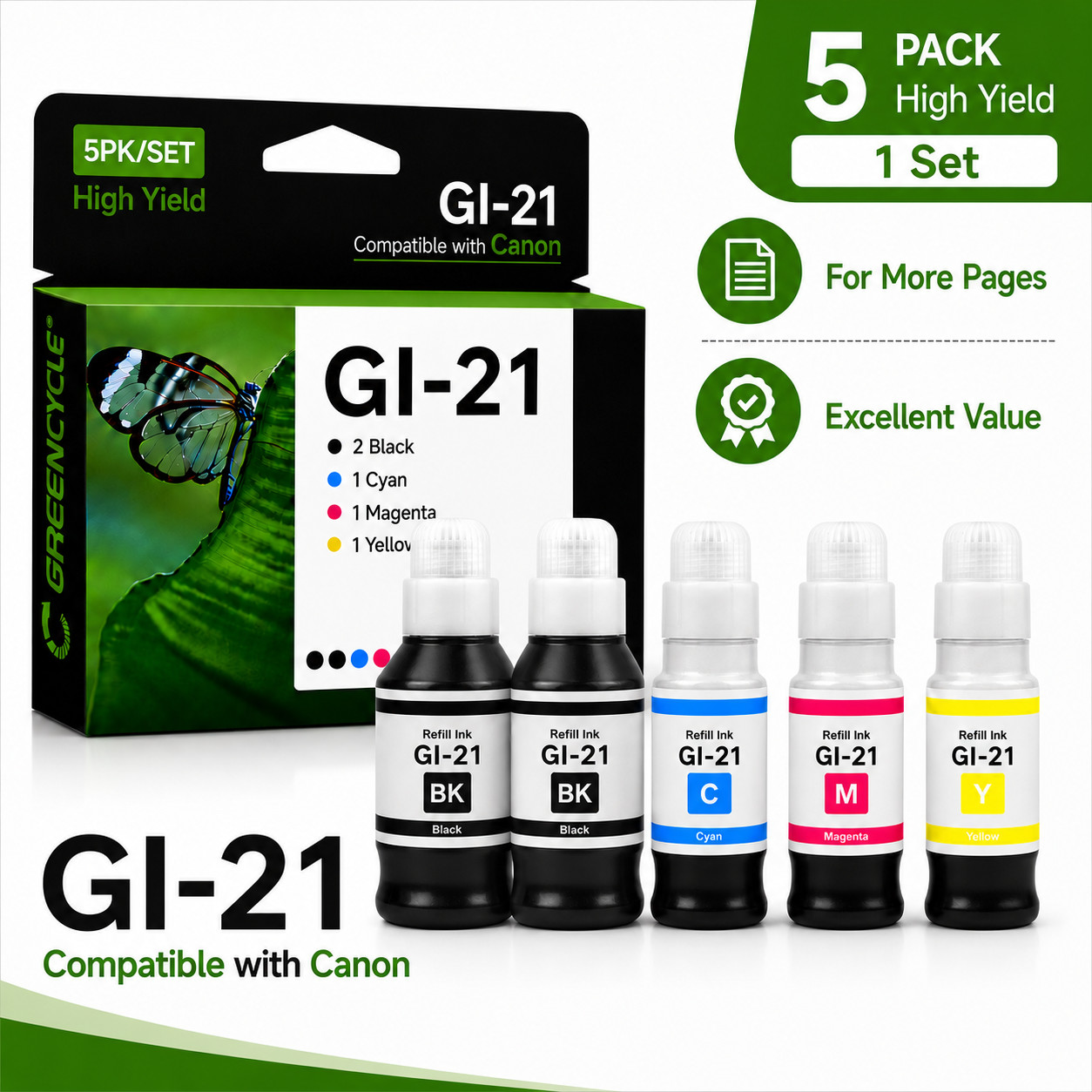 GREENCYCLE GI-21 GI21 Ink Bottle Combo Pack 5 Pack for Canon PIXMA G3290 G4270