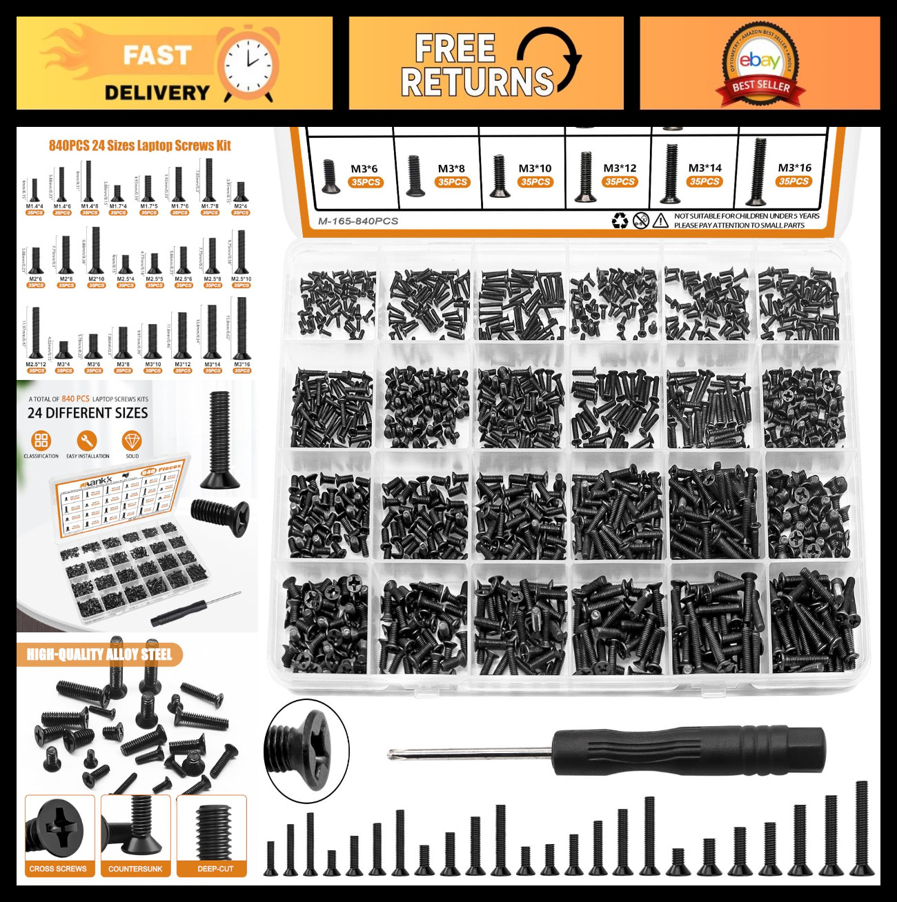 840PCS Laptop Screws Set - 24 Sizes M1.4/1.7/2/2.5/3 for PC Repair & DIY + Screw
