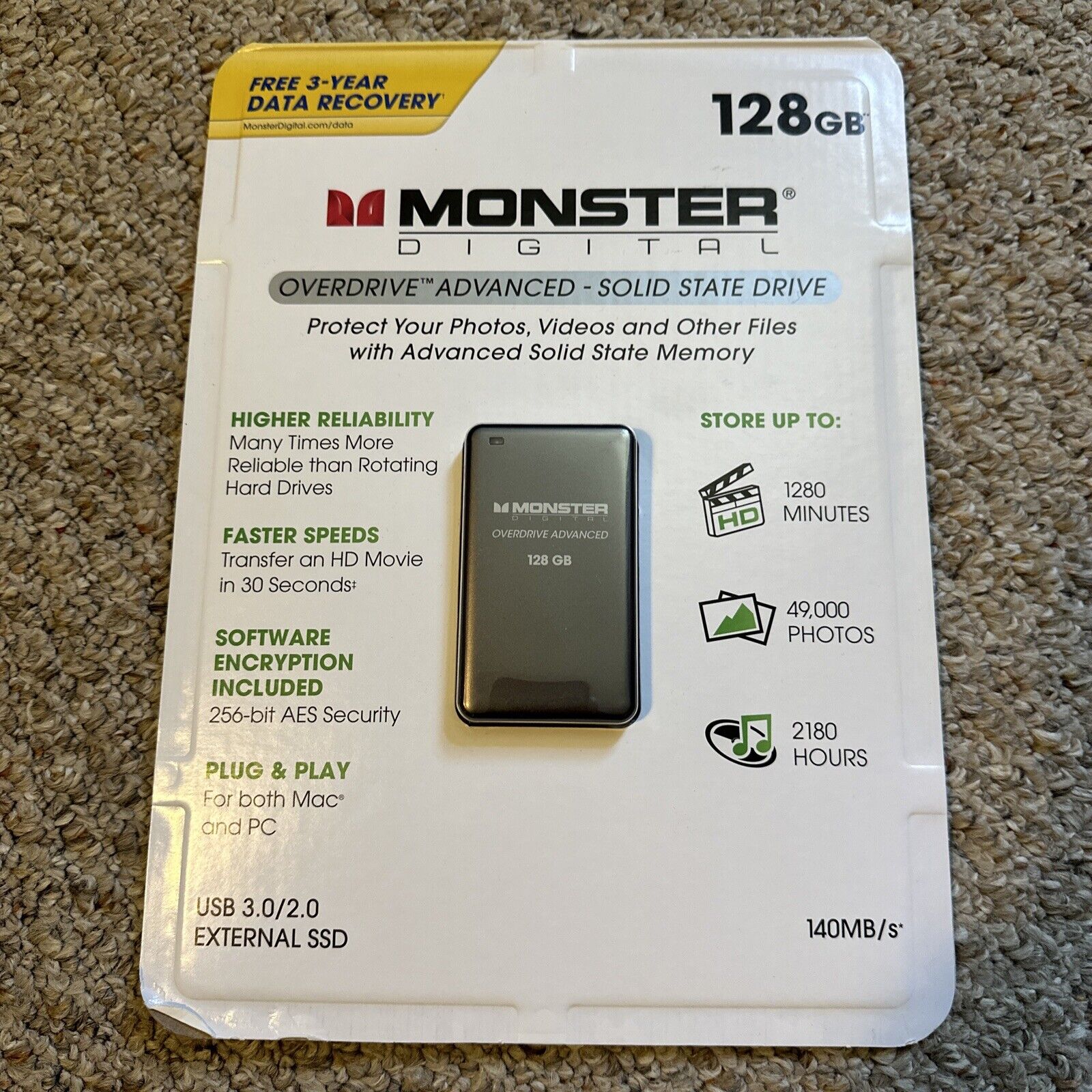 ☮️ Monster Digital 128GB Overdrive Advanced Solid State 128GB Drive, USB 3.0 ☮️