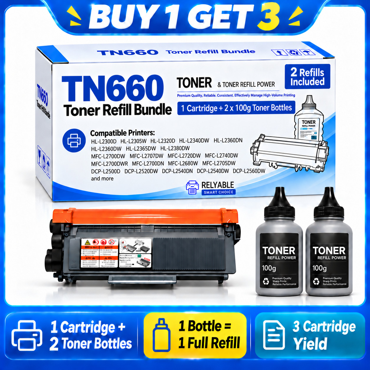 Compatible TN660 Toner Cartridge +2 Refill Bottles 3X Yield for Brother HL-L2300