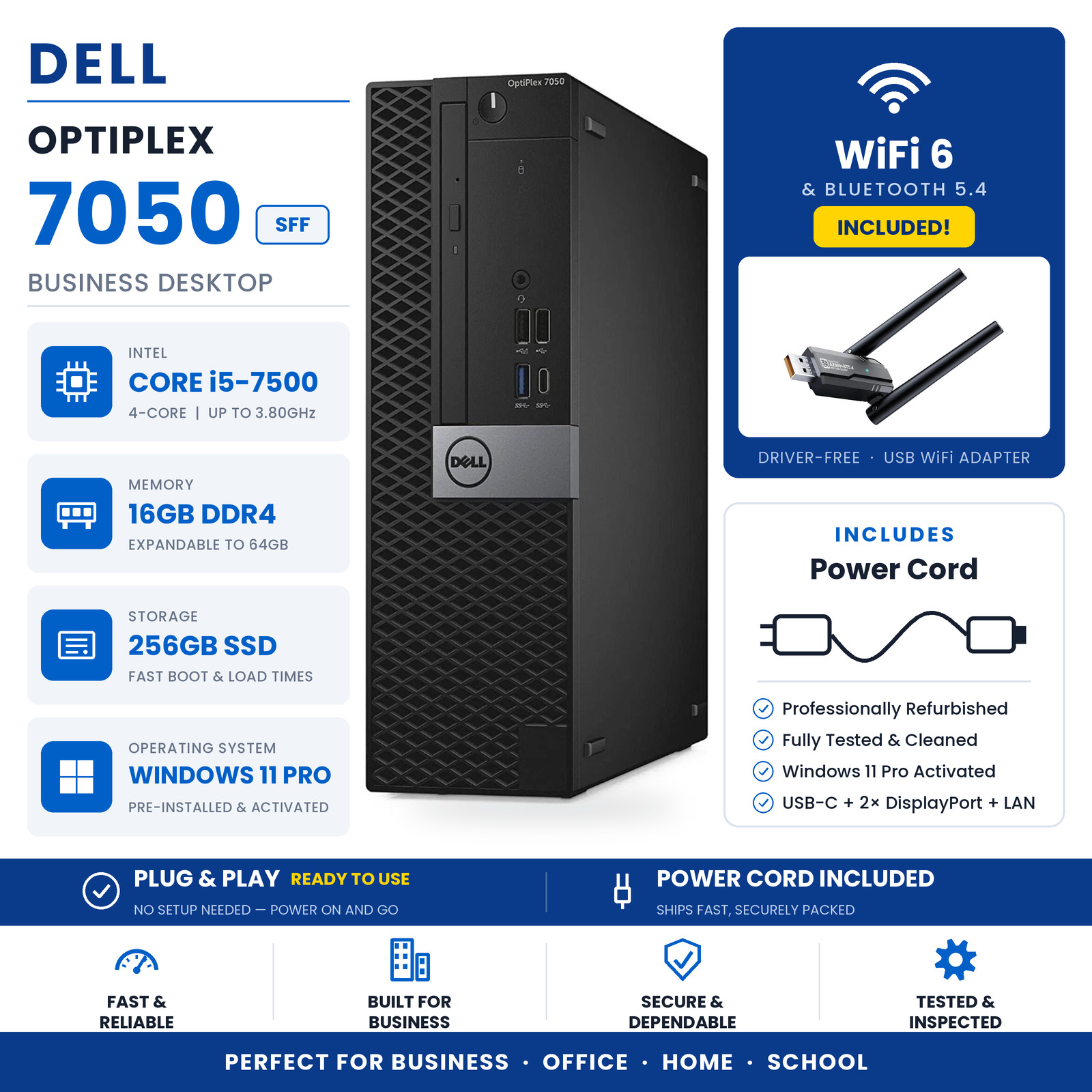 Dell OptiPlex SFF Desktop PC Intel i5-7500 16GB RAM 256GB SSD Win 11 Pro BT WIFI