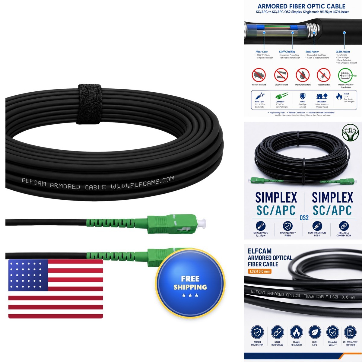 Elfcam - 20m/65.6ft Armored Fiber Optic Cable Outdoor And Indoor SCA SCA