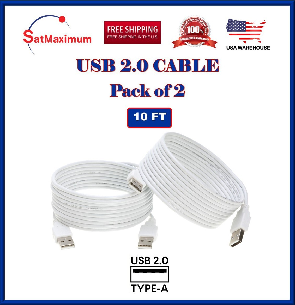 2-Pack – 10FT USB 2.0 Cable A-Male/A-Male High-Speed Data Transfer/Charging Cord