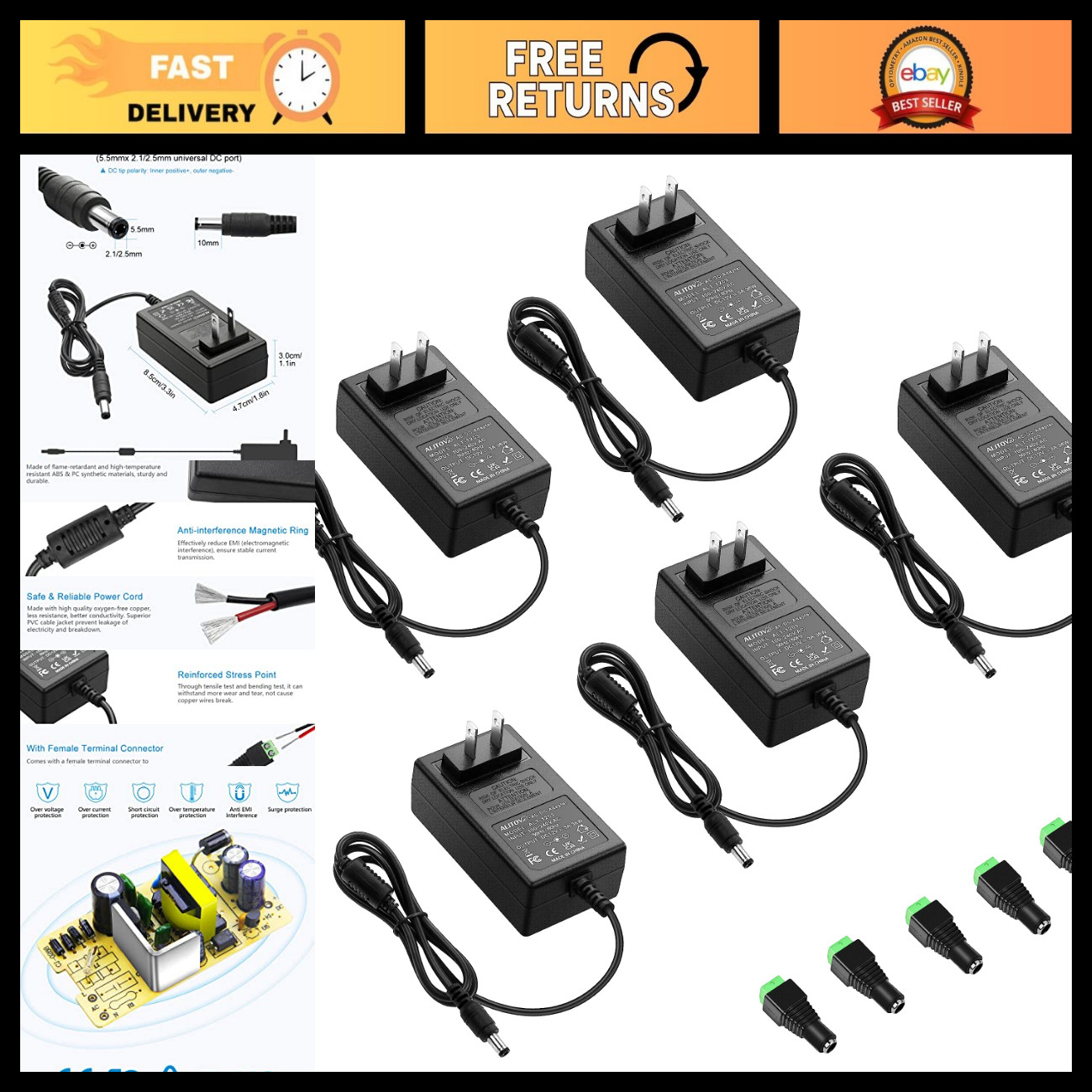 12V 3A Power Supply Adapter, 36W DC Power Cord, 10 Pack, Compatible with LED Lig
