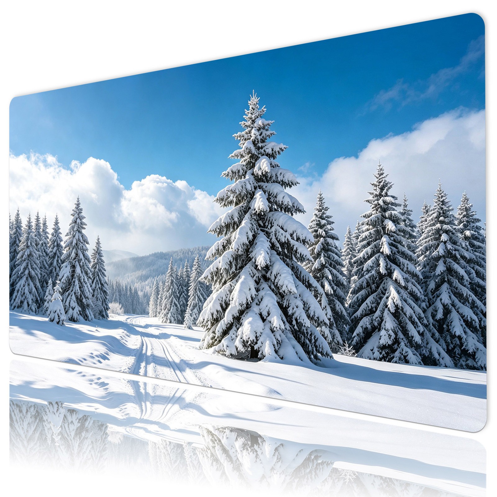 Blue Sky Cloud Snow Pine Tree Winter Forest Mat for Keyboard and Mouse Desk Pad