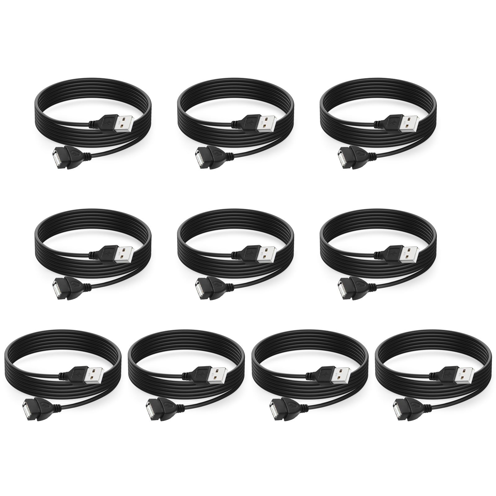 10-Pack USB 2.0 Extension Cable A Male to Female 5ft Black Data Charger Cord
