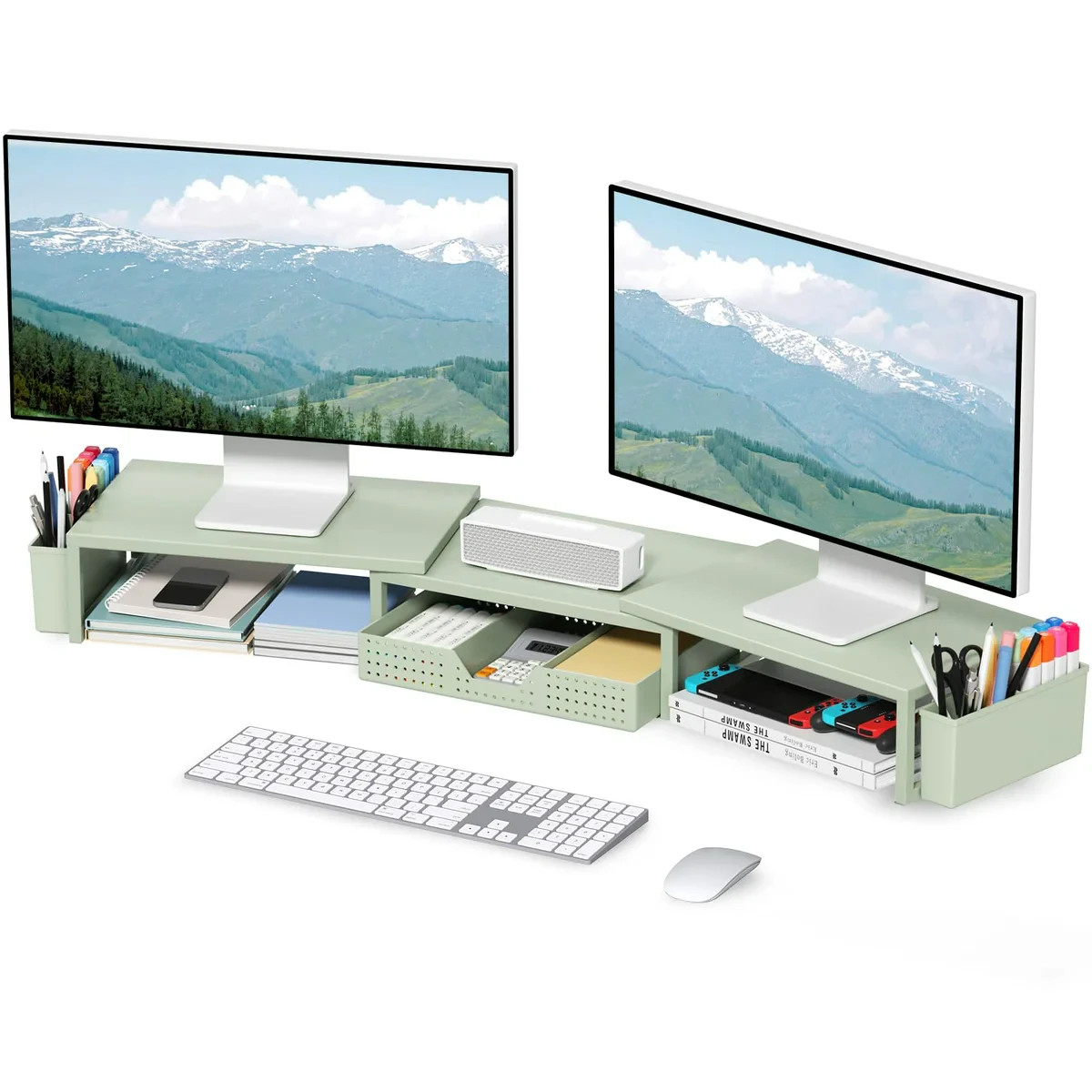 Dual Monitor Stand Riser with Drawer and 2 Pen Holders, Office Desk Sage Green