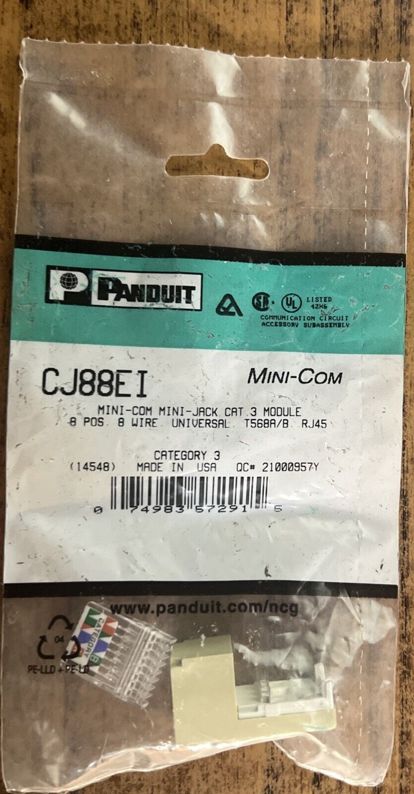 PANDUIT - Min-Com Mod - Cat 3 Jack - 8 wire  - Electric Ivory - CJ88EI