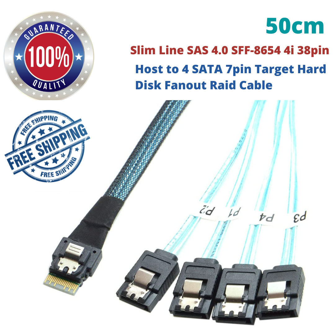Slim Line SAS4.0 SFF-8654 38pin Host to 4-SATA 7Pin Target HDD Fanout Raid Cable