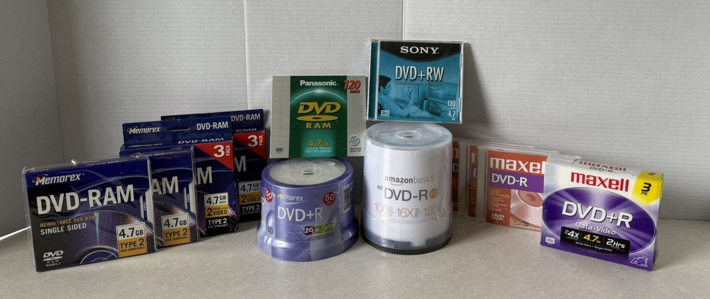 Lot of 166 NEW Blank DVD-RAM DVD+R DVD-R DVD+RW Memorex  Maxell Sony Panasonic