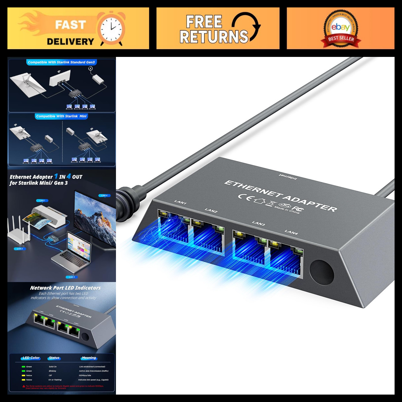 Multi-Port Ethernet Adapter for Starlink Standard 4X, Gen 3 & Mini - High-Speed