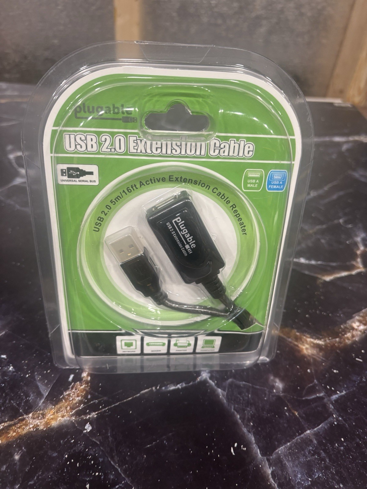 Plugable 16' USB 2.0 Active Extension Cable Male/Female Black (USB2-5M)