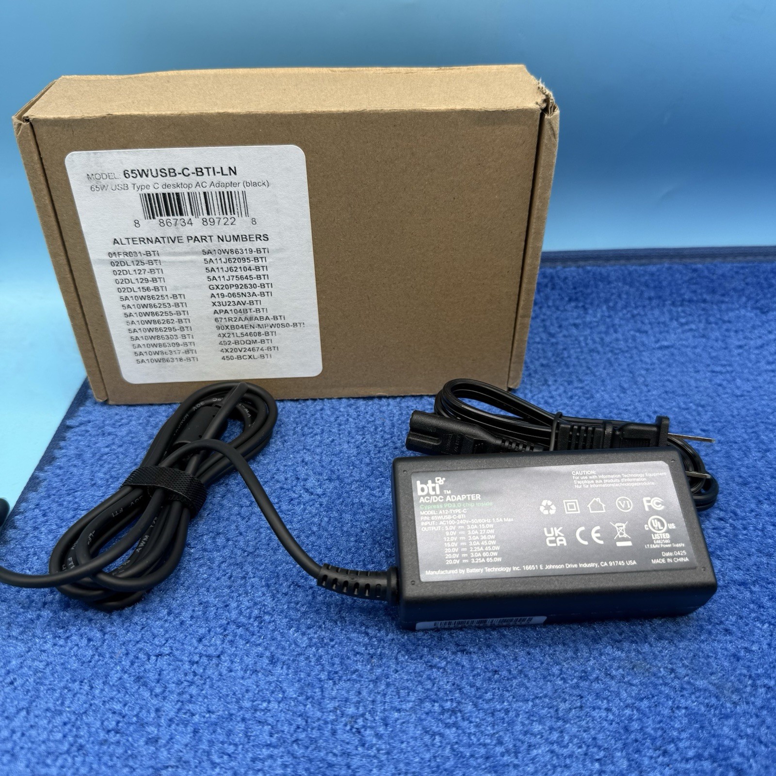 BTI 65W USB-C AC ADAPTER FOR MACBOOK AND OTHER LAPTOPS/TABLETS/SMARTPHONES