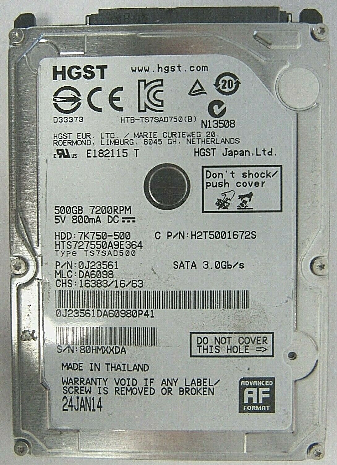 HGST 0J23561 Hitachi Travelstar 7K750 500GB 7200RPM SATA 3Gbps 16MB HDD 15-3