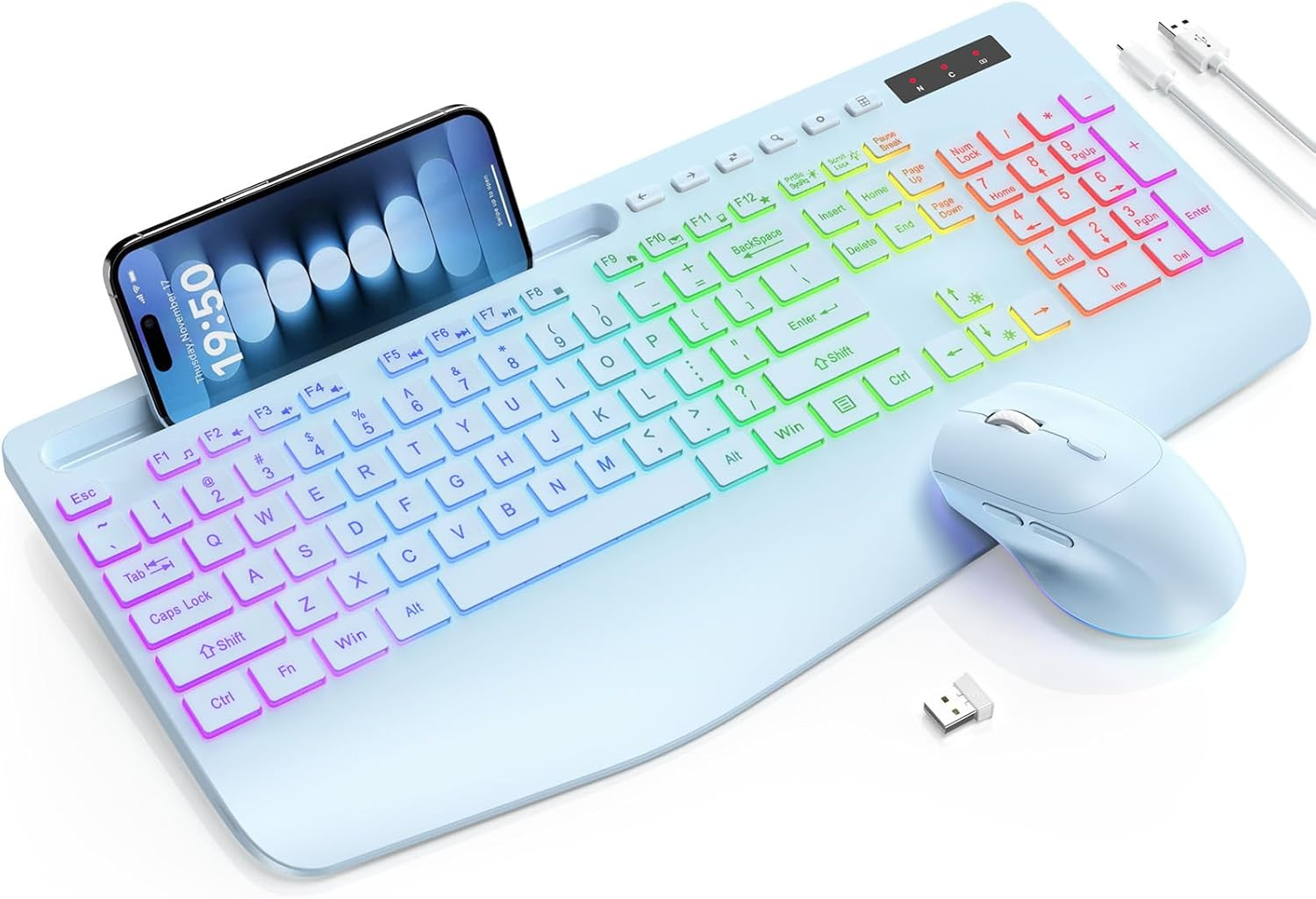 Wireless Keyboard Mouse Combo 9-Color Backlit Rechargeable Ergonomic Silent Set