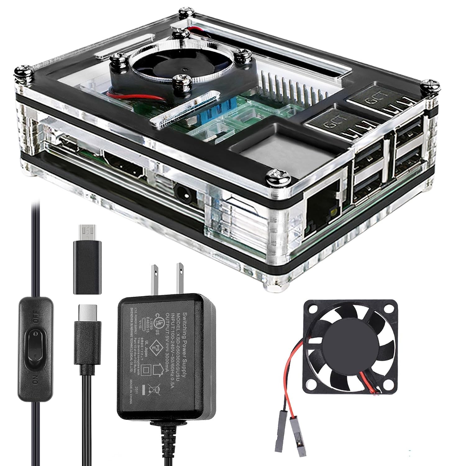 Miuzei Case for Raspberry Pi 3 with Fan 5V 3A Power Supply 3Pcs HeatSinks