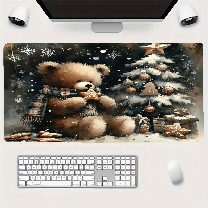 Cute Bear-Themed Holiday Mouse Pad Featuring a Checkered Scarf And Gingerbread