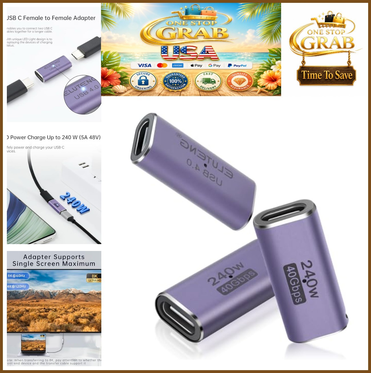USB C Coupler 3 Pack 240W 40Gbps Adapter Female to Female Type C Extender 8K