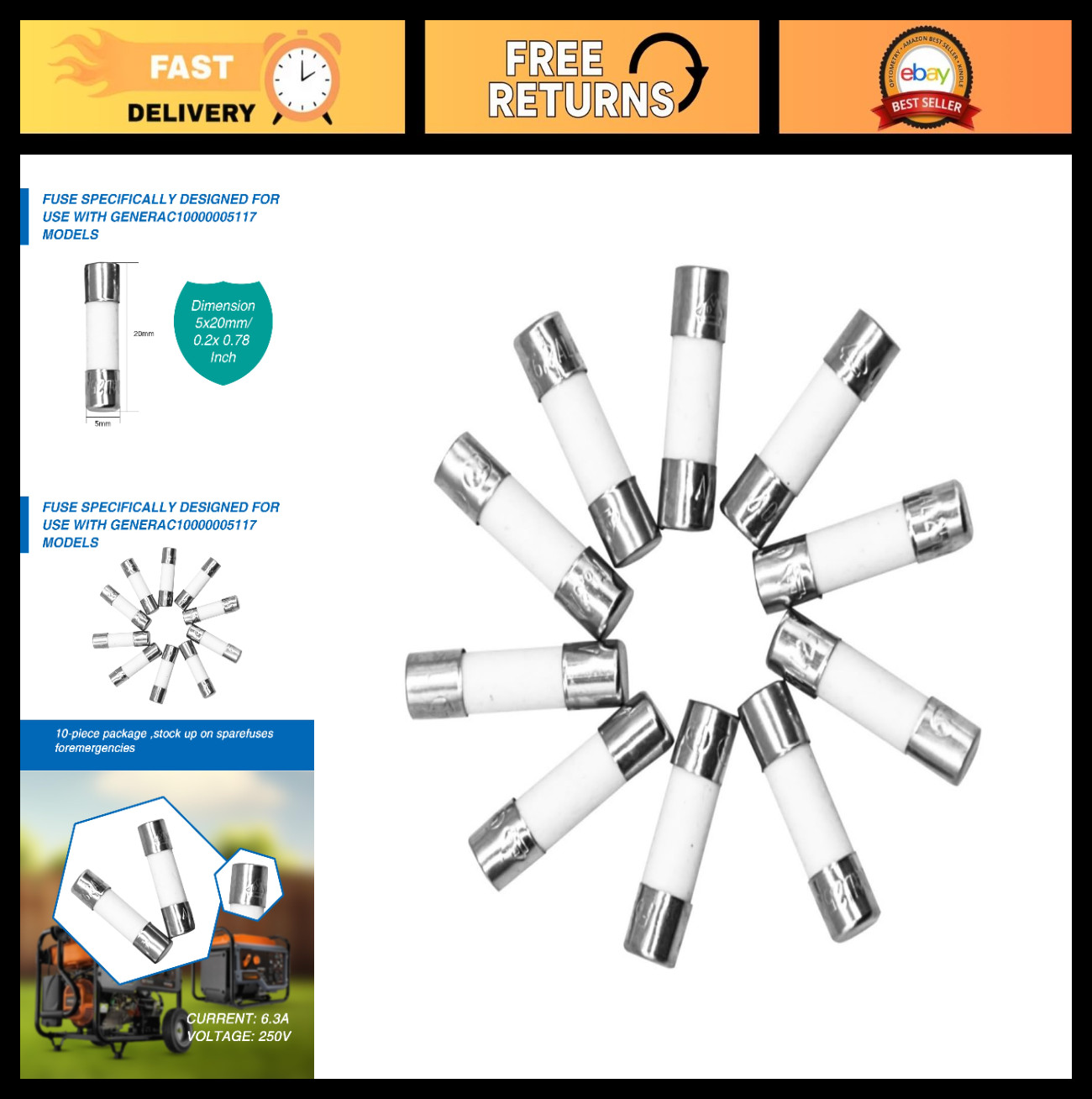 6.3A 250V Fuse Replacement - Nissan Battery Fuse 5mm x 20mm, Pack of 10, Optimal