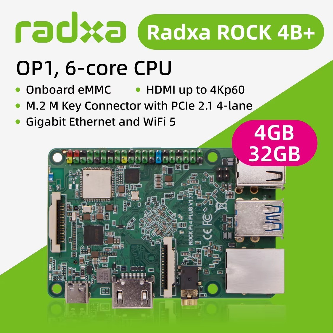 Radxa ROCK 4B+ OP1 6-Core SBC 4K HDMI WiFi 5 Gigabit Ethernet PCIe