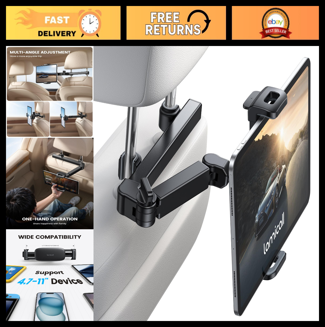 Adjustable 3-in-1 Car Headrest Tablet Holder, Universal Fit, Easy Installation