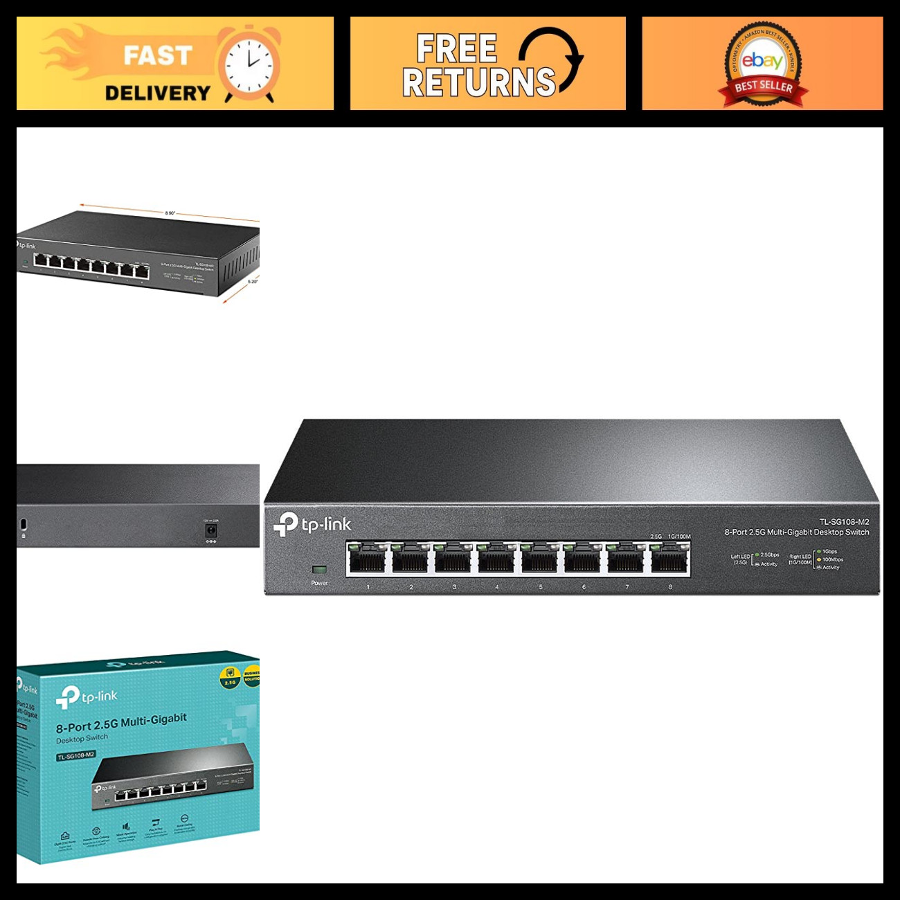 8-Port Multi-Gigabit Unmanaged Ethernet Switch, High-Speed Network Hub, Plug & P