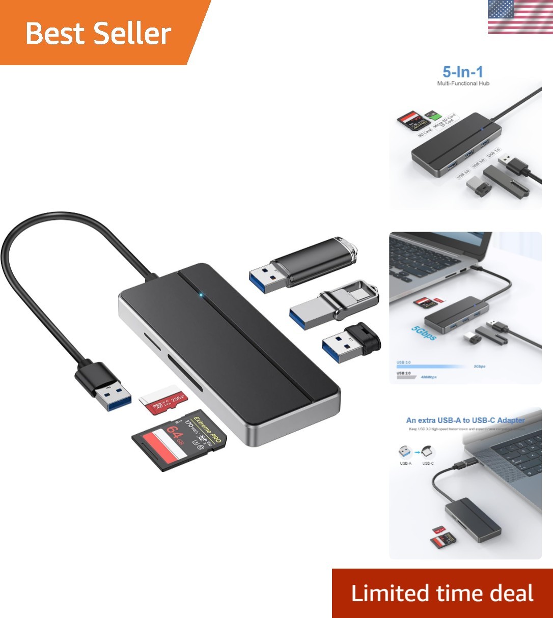 Multi-Device USB 3.0 Hub - 5 Ports Including USB-A to USB-C Adapter for Easy Use