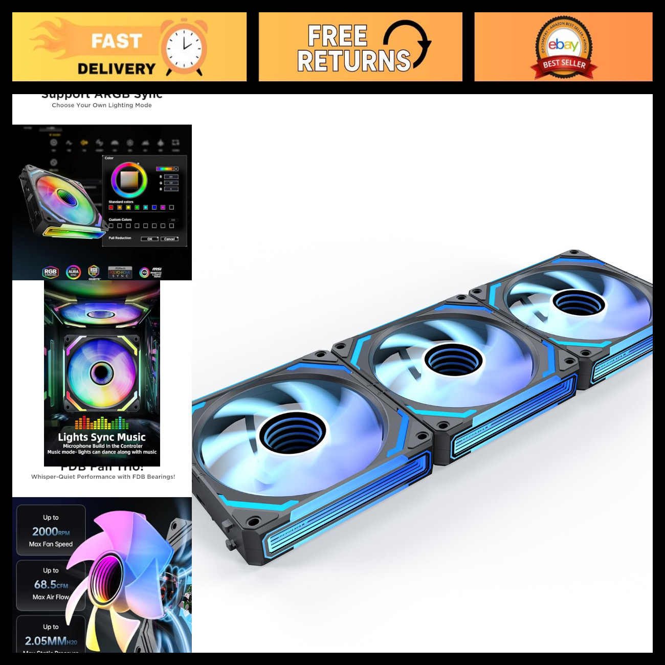 120mm RGB PC Case Fans, 5V 3-PIN PWM Cooling, Daisy Chain Controller for CPU & L