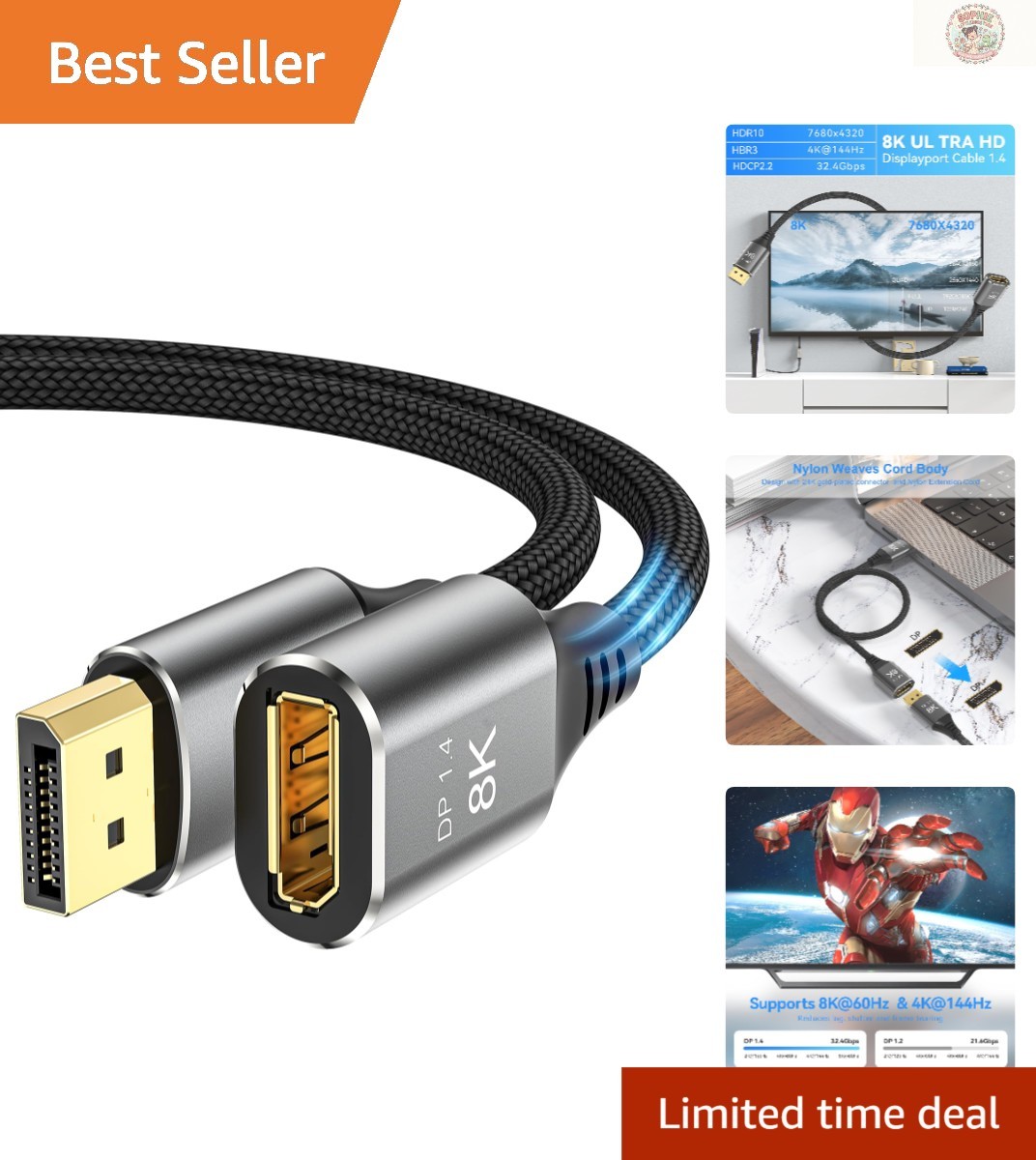 Versatile 6Ft DisplayPort Extension Cable - Supports 8K, Durable Braided Design